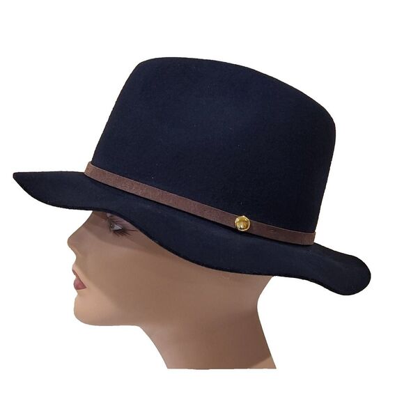 Chico's Woman's Classic Fedora Hat Dark Blue 100% Wool Tan & Gold Trim ~7.5 in - Picture 2 of 11